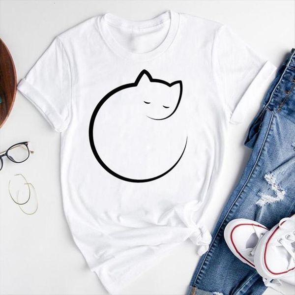 

graphic cartoon cat simple animal womens t shirts cute short sleeve summer fashion print female clothes tees shirt, White