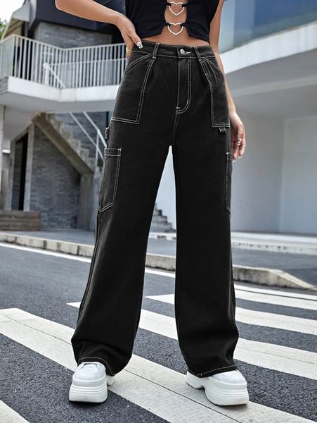 

high waist solid cargo jeans v7dx#, Blue