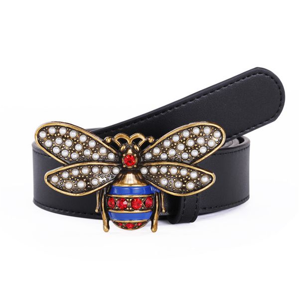 

ladi fashion casual small bee buckle rhintone leather belt for women, Black;brown