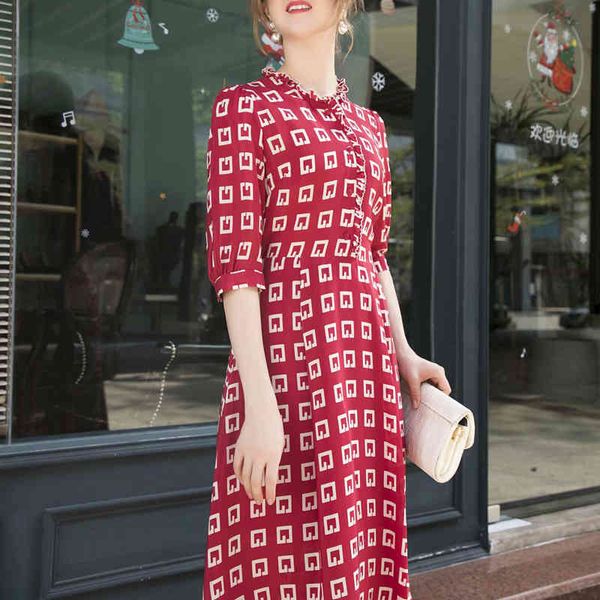 

spring/summer quality silk retro printing letters half sleeve elegant party temperament red wine dress, Black;gray