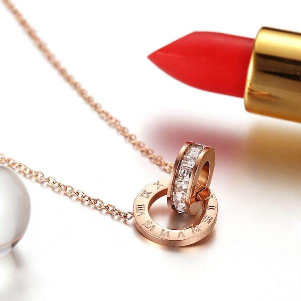 

diamond korean fashion inlaid roman double ring necklace titanium steel no fading rose gold bone chain women's jewelry, Silver
