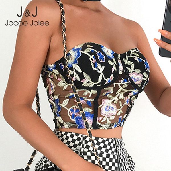 

jocoo jolee women summer patchwork mesh vintage embroidery tank breast wrap streetwear v-neck party club crop 210518, White