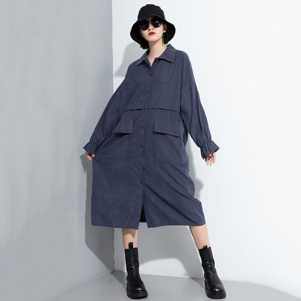 

casual dresses [eam] women yellow blue pocket big size shirt dress lapel long sleeve loose fit fashion tide spring autumn 1dc3131 hpul, Black;gray