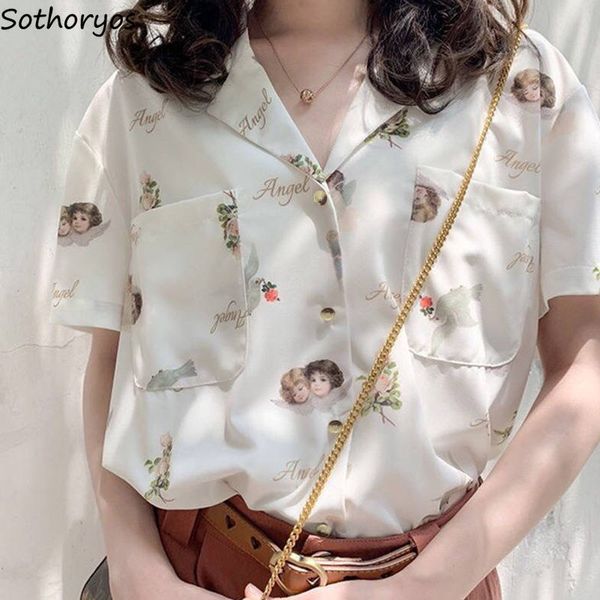 

women blouses printed shirts notched loose large size 2xl thin elegant single breasted retro bf korean style leisure trendy chic x0521, White