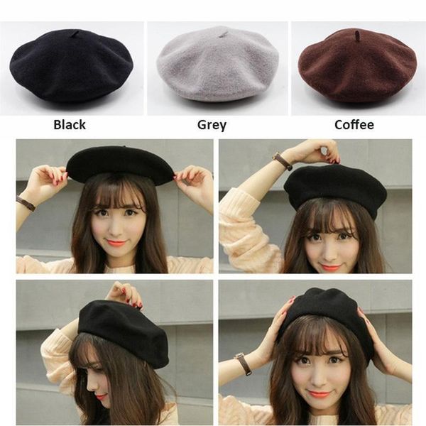 

berets french beret caps for women autumn winter outdoor street style plain cap wool warm femme girl's beanie hat, Blue;gray