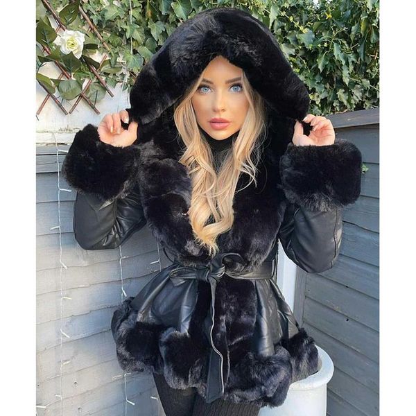 

women's leather & faux high imitation coats women fashion fur hooded jackets elegant tie belt female ladies, Black