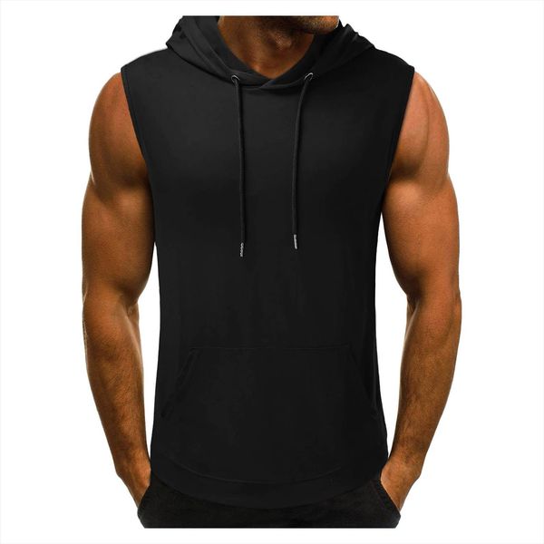 

men gym bodybuilding stringer tank cotton fitness training hooded vest muscle guys sleeveless gyms hoodie, White;black