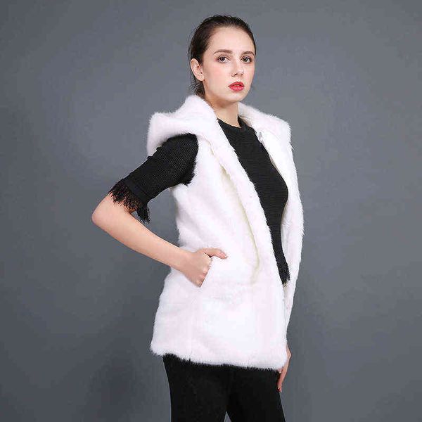 

loss imitation rabbit hair hooded slim fit medium long vest female mink wool sleeveless thermal jacket 211207, Black