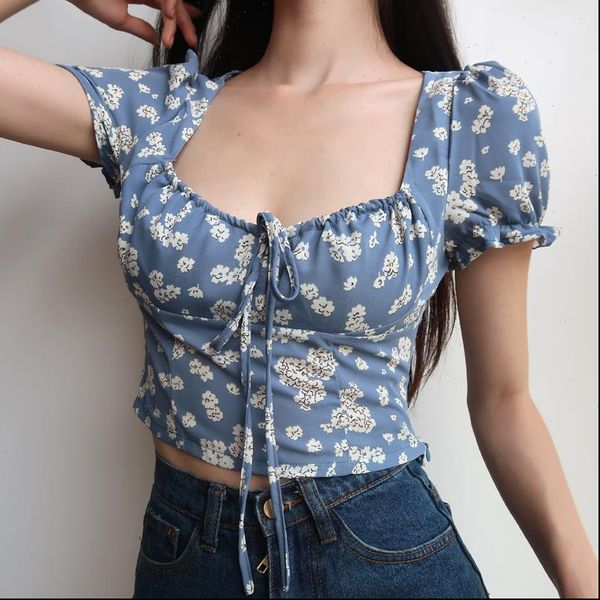 

women square neck puff shirt sleeved blouse with drawstring detail floral print in blue drop, White