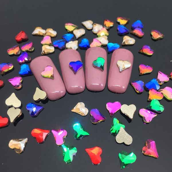 

30/100pcs nail art rhinestone crooked heart flat crystal glass stone fashion 3d fingernail diy decoration accessories 6x7mm decorations, Silver;gold