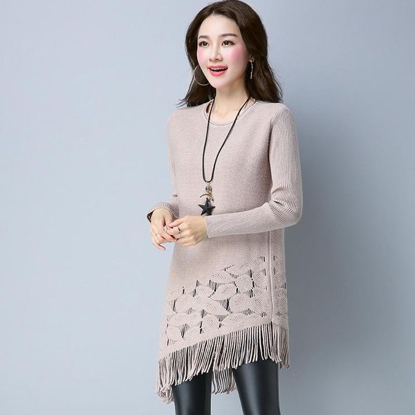 

women's sweaters knit sweater autumn winter spring long coat korean round neck tassel pullover dress wild a505, White;black