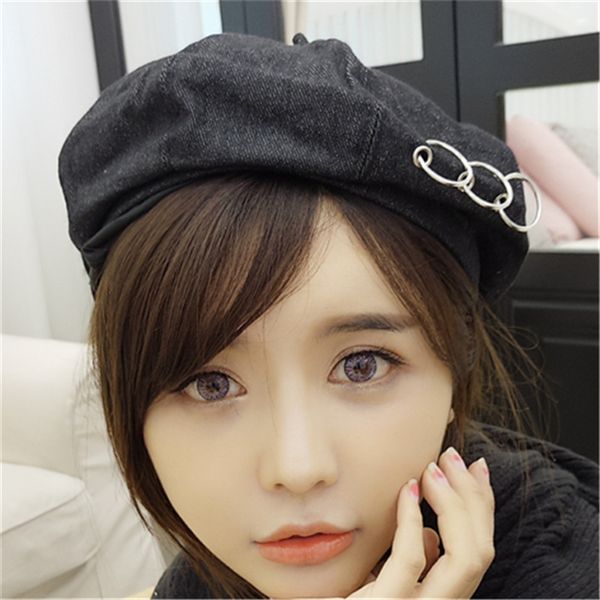 

south new harajuku personality circle painter hat iron ring beret female summer british version cute versatile trend, Blue;gray