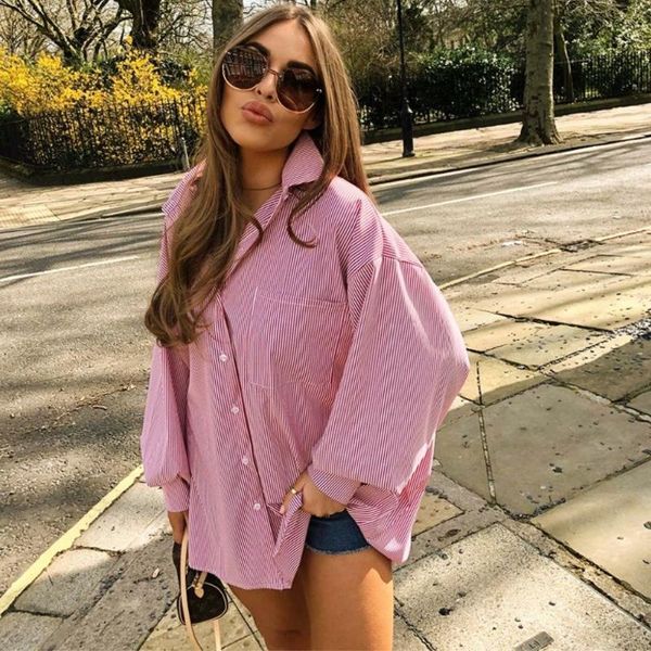 

women's blouses & shirts missnight casual oversized shirt striped long sleeve womens loose big women button fashion ladies 2021, White