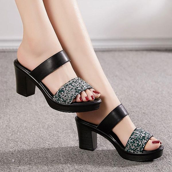 

slippers womens peep toe sandals outside genuine leather big size 41 female fashion summer high-heeled shoes sequins, Black