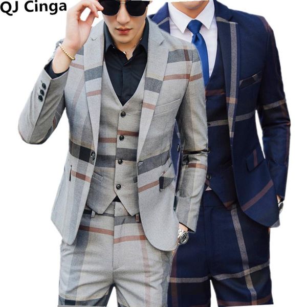 

men's plaid suit blue gray tuxedo 2021 slim business wedding dress men classic formal jacket pants vest suits & blazers, White;black