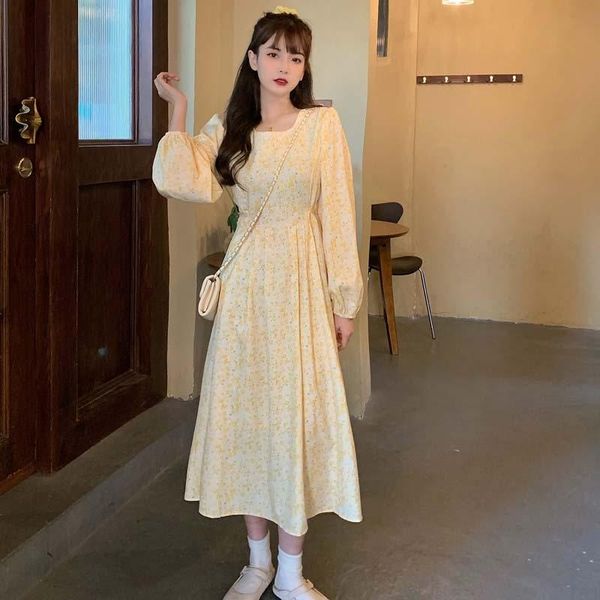 

casual dresses french long women sweet simple fall floral chic ladies vestidos korean fashion preppy femme sleeve clothing a-line, Black;gray