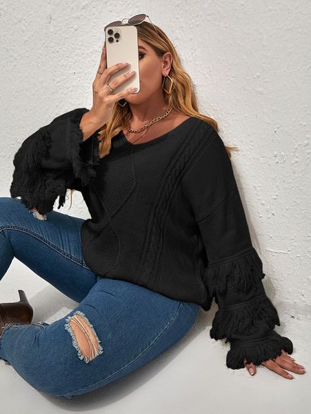

plus fringe sleeve cable knit sweater p7vc#, Black
