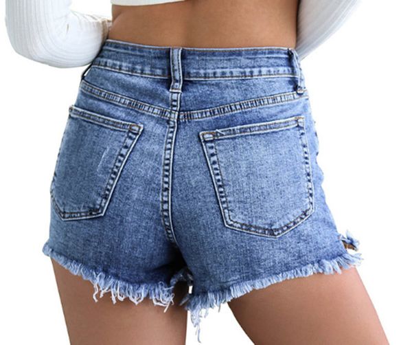 

women tassel medium waist denim shorts short jeans ripped skinny slim pants, Blue