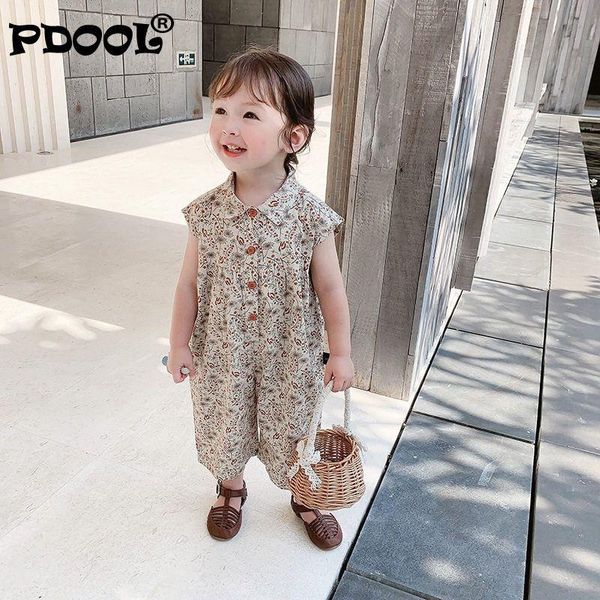 

trousers girls' 2021 summer floral lapel sleeveless baby romper jumpsuits one-piece garment, Blue