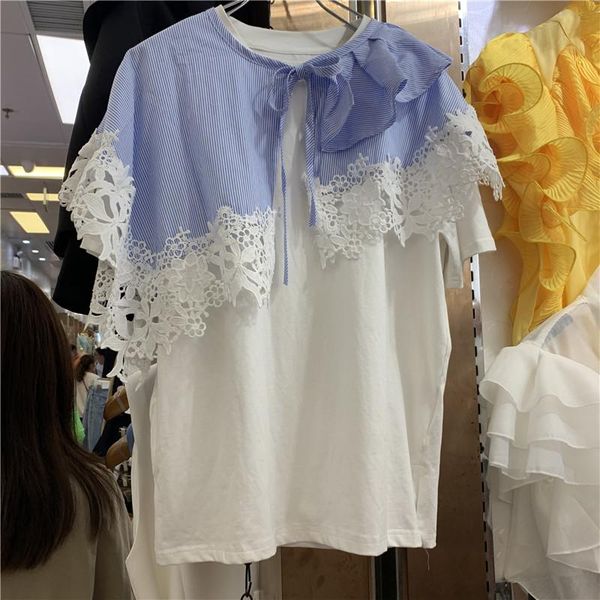 

summer t sshirts womens european style hollow embroidery stitching shawl short sleeve two-piece all-matching mujer women's t-shirt, White