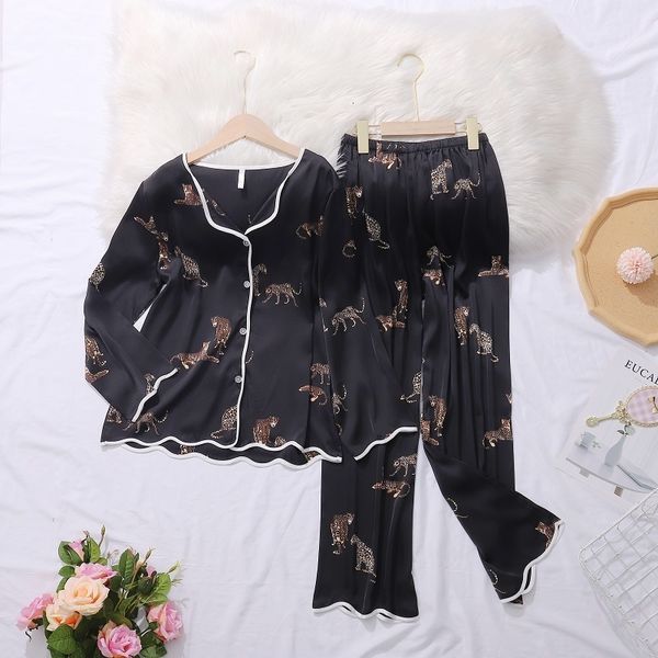 

women's sleepwear leopard print fashion women pajama set ice silk soft touch 7pmw, Black;red