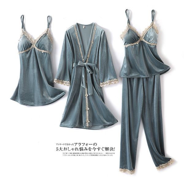 

sleepwear green lace four pajamas women's ensemble casual veet nightgown to sleep with sleeve belt long robe, Black;red