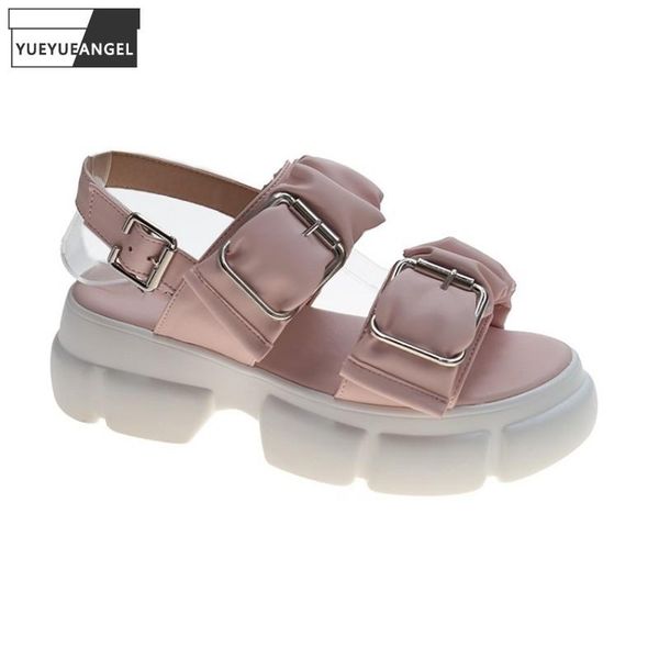 

sandals fashion buckle strap pleated pu leather sandal women platform casual sneakers 2021 summer shoes thick bottom high heel, Black