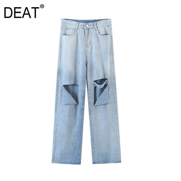 

[deat] summer fashion wide leg pants solid color high waist irregular hole personality women jeans 13c943 210527, Blue