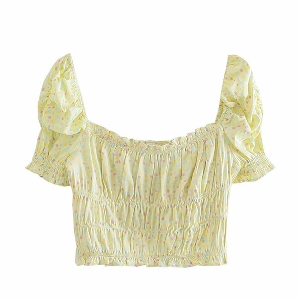 

puwd sweet women square collar folds blouse summer fashion ladies high street cute shirt female printed silk texture 210522, White