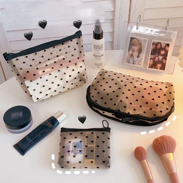 

storage bags mesh cosmetic bag case holder cute transparent zipper black heart printed pouch make up organizer travel makeup