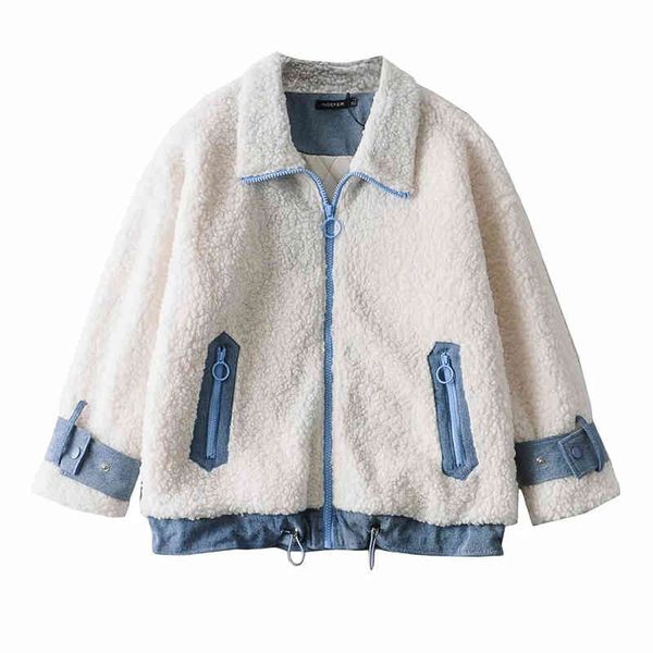 

winter fashion spliced drawstring denim faux lamb fur coat women fashion zippers turn-down collar cashmere jacket 210520, Black