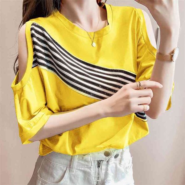 

summer drilling off shoulder women t-shirts korean fashion female loose batwing sleeve t shirt gothic 210507, White