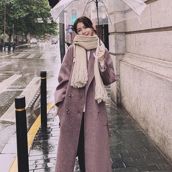 

women's wool & blends medium length woolen coat korean loose, Black
