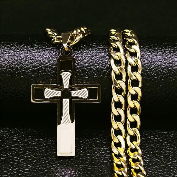 

hip hop cross stainless steel choker necklace gold color double layer long women/men jewelry collier homme nxs05 pendant necklaces, Silver