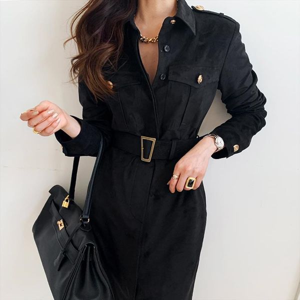 

[ewq] spring safari style womens dresses turn down neck solid color long sleeve over knee minimalist dress with belt 8q323, Black;gray