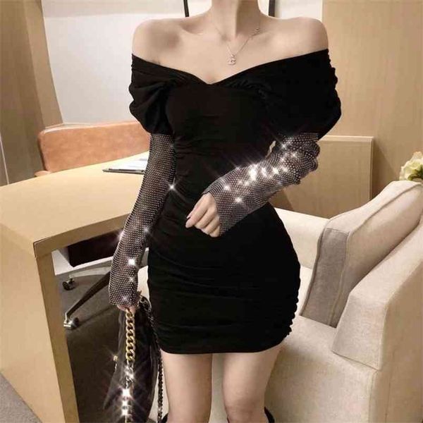 

black off shoulder sheath dresss women long sleeve diamond patchwork bodycon dress fashion elegant club female mini 210519, Black;gray