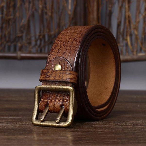 

belts men layer cowhide genuine leather belt double needle pure copper buckle retro fashion casual trendy jeans, Black;brown
