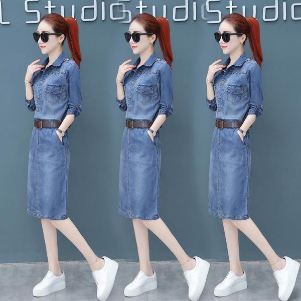 

casual dresses 2021 spring and fall denim blue rivet knee-length party dress women omighty plus size shirt bodycon club, Black;gray