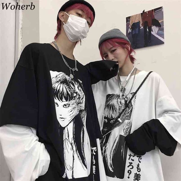 

harajuku t-shirt women man fake 2 pieces print japanese fujiang horror comics long sleeve graphic t shirts streetwear 210519, White