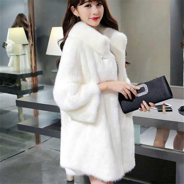 

women's fur & faux luxury stand-up collar mink coat mid-length winter wide hem flared sleeve jacket elegant plush coats, Black