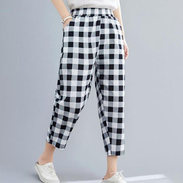 

vintage plaid cotton linen women long pants 2021 spring summer oversized casual elastic waist loose harem women's & capris, Black;white