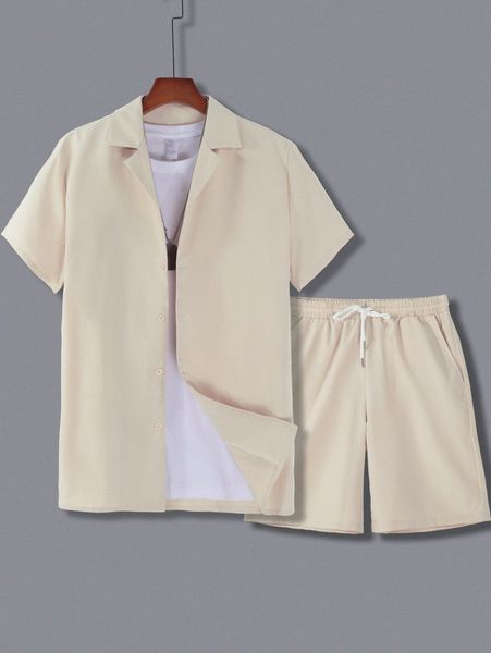 

men solid lapel neck shirt & shorts j7mz#, Gray