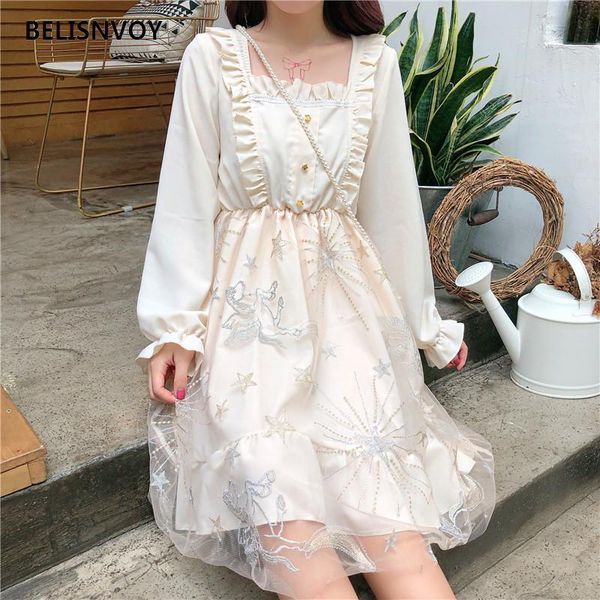 

lolita gothic cosplay dress japanese style retro square collar cute kawaii lantern sleeve mesh embroidery fairy dresses casual, Black;gray
