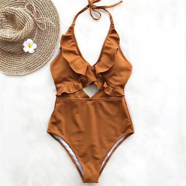 

women one piece bikini swimsuit ruffles push up padded bathing swimwear beachwear hollow out swimming suit solid one-piece suits