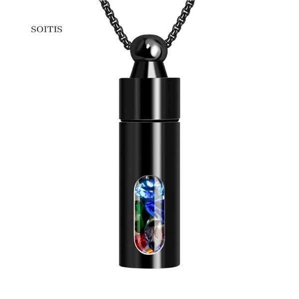 

pendant necklaces soitis stainless steel black cylinder inlaid glass rainbow zircon decorative fillabled cremation ashes urn necklace, Silver