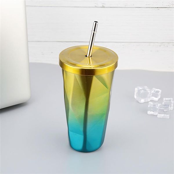 

stainless steel tumbler with straw cold drinking vacuum bottle tea cup school office water irregular lid bottles