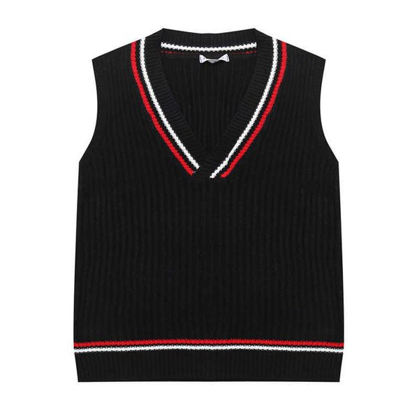 

perhaps u women vest sweater v neck knitted pullovers sleeveless black white stripe splicing winter preppy style m0141 210529