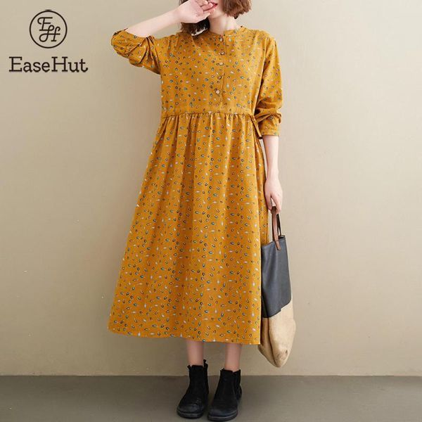 

casual dresses easehut women spring autumn dress floral print o-neck long sleeves pocket vintage loose cotton linen robe, Black;gray