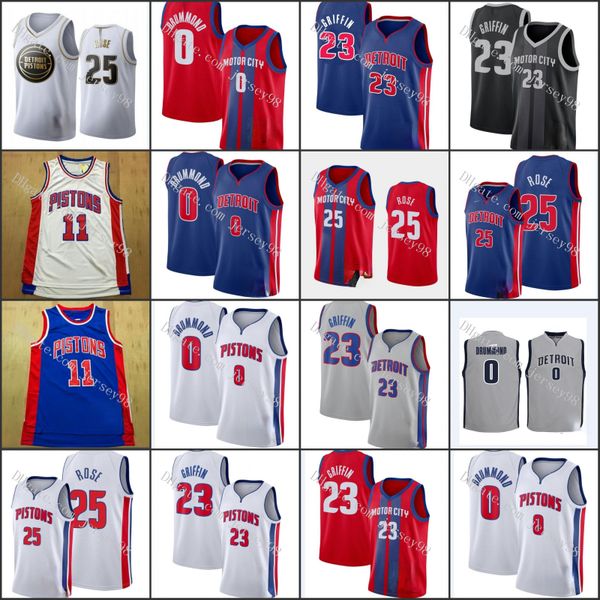 

detroit pistons men 25 derrick rose 11 thomas grant 23 blake griffin 0 drummond retro basketball jersey, Black