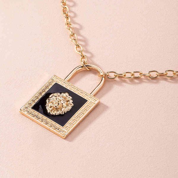 

necklaces pendants fashionable exaggerated black enamal lion head lock long geometric metal animal, Silver